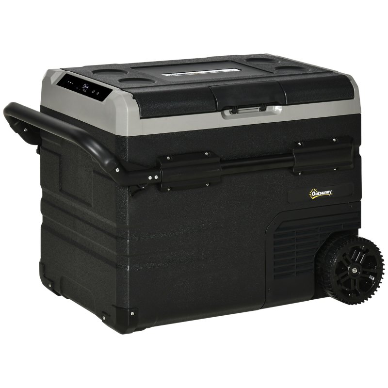 Outsunny 50L Car Refrigerator, Portable Compressor Cooler Box, Fridge Freezer w/ Inner LED Light, Foldable Handles, Cup Holders, 12/24V DC and 110-240V AC for Campervan RV Boat Travel Down to -20°C