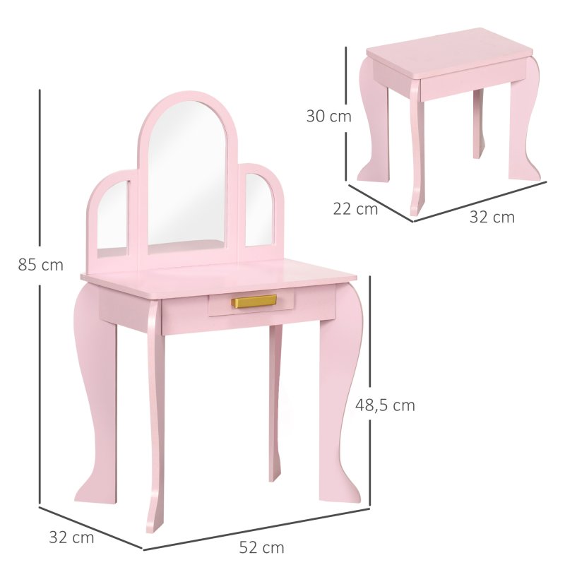HOMCOM Kids Dressing Table and Stool Kids Vanity Set Makeup Desk w/ Mirror, Drawer, for Ages 3-6 Years - Pink