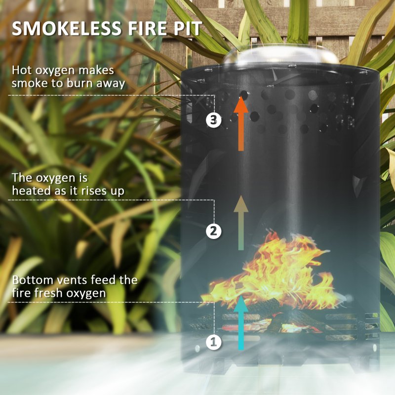 Outsunny Smokeless Fire Pit, 16 x 16 cm Stainless Steel Portable Wood Burning Firepit with Poker, Wood or Pellet Fuelled Tabletop Fire Pit for Garden Camping Bonfire Party, Black