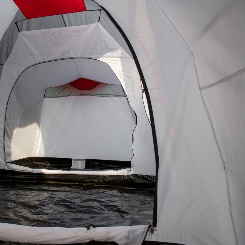 Outsunny 4-6 Man Tunnel Tent with 2 Bedroom, Living Area and Vestibule, Large Camping Tent, 2000mm Waterproof, UV50+, Portable with Bag, for Fishing Hiking Festival, Grey and Red