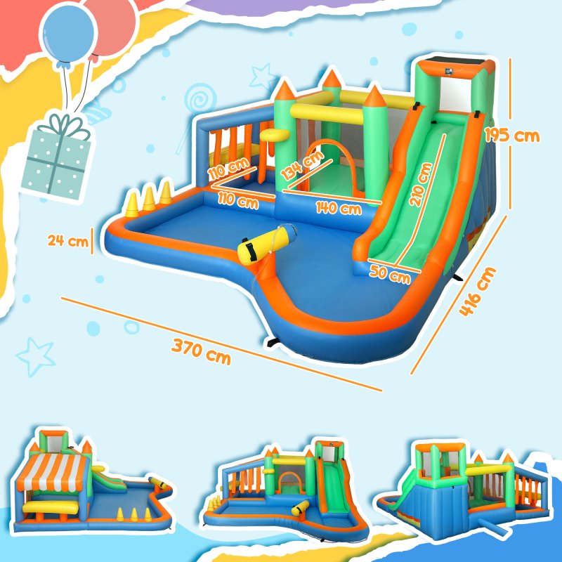 AIYAPLAY Bouncy Castle, Inflatable Bounce House Trampoline with 680W Blower, Water Slide, Splash Pool, Basketball Hoop, Ball Pits, Climbing Wall, Water Gun, Ring Toss, for Kids Outdoor Indoor