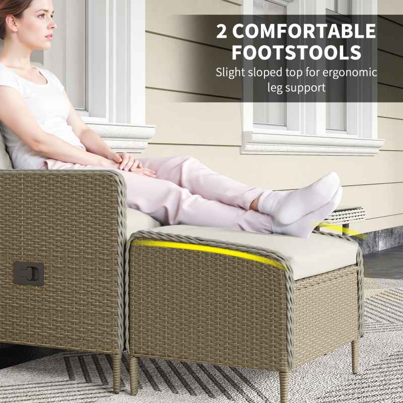 Outsunny 5 Piece Rattan Garden Furniture Set with Recliner Chairs, Wicker Patio Conversation Set with Footstools, 2-Tier Glass Top Coffee Table, Cushions for Outdoor, Balcony, Porch, Light Grey