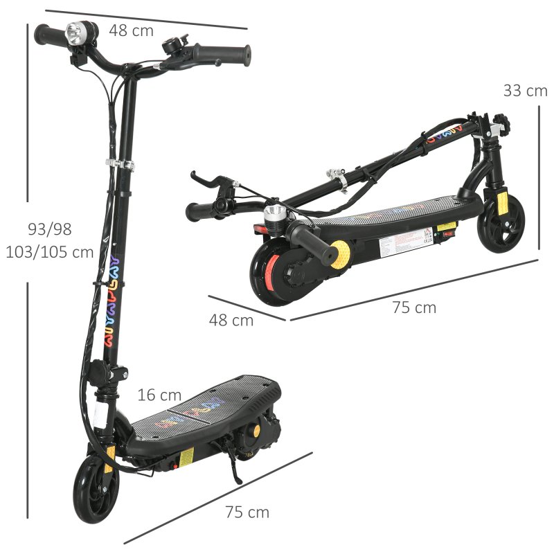 HOMCOM Folding Electric Scooter 120W E-Scooter with Three Mode LED Headlight, Warning Bell, Adjustable Height, 12km/h Maximum Speed, for Ages 7-14 Years - Black