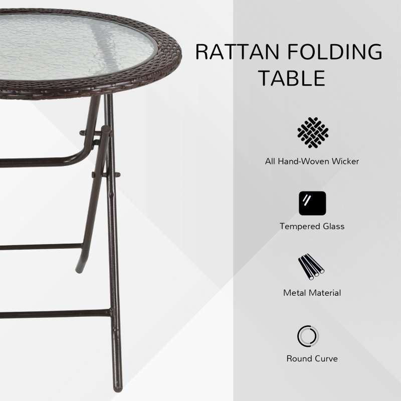 Outsunny Folding Rattan Garden Dining Table, 68 cm Round Rattan Garden Table with Water Ripple Tempered Glass Top, Wicker Edging  and Steel Frame for Outdoor, Patio, Brown