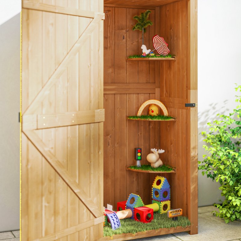 Outsunny Garden Shed Vertical Utility 3 Shelves Shed Wood Outdoor Garden Tool Storage Unit Storage Cabinet, 77 x 54.2 x 179cm - Brown
