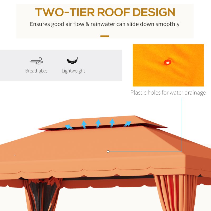 Outsunny 4 x 3 m Aluminum Garden Gazebo, Double Roof Outdoor Gazebo Canopy Shelter with Netting & Curtains for Garden, Lawn, Backyard and Deck, Orange