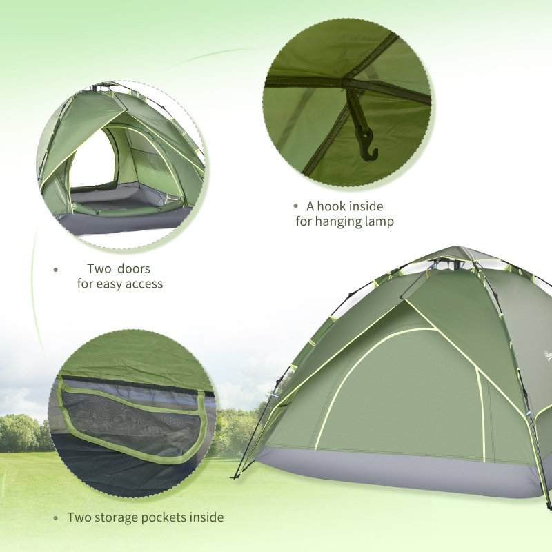 Outsunny 3 Person Camping Tent, Instant Pop Up Tent, Dome Tent with Sewn-in Groundsheet, 2 in 1 Double Layers for Camping, Hiking, Backpacking, Green