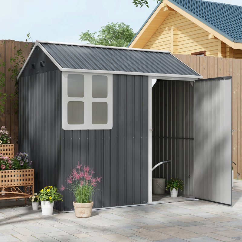 Outsunny 7 x 6 ft Garden Shed, Metal Shed with Single Door, Window and Air Vents, Galvanised Outdoor Lockable Tool Storage House, Dark Grey