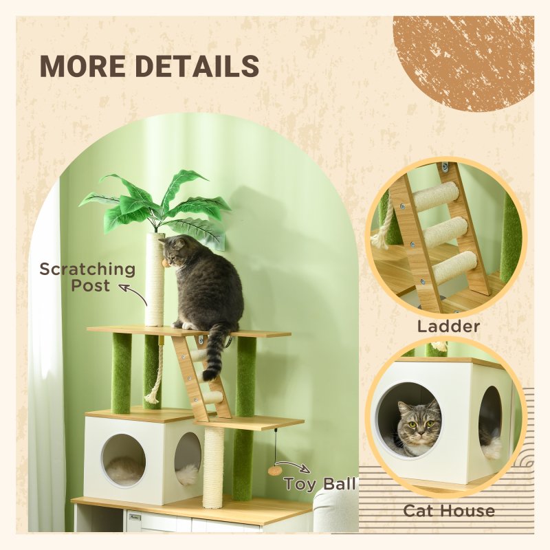 PawHut Cat Tree with Hidden Litter Box Enclosure, 2-in-1 Green Leaf Cat Tower, Litter Box Furniture with House, Ladder, Scratching Posts, Platforms, for Indoor Use - Oak