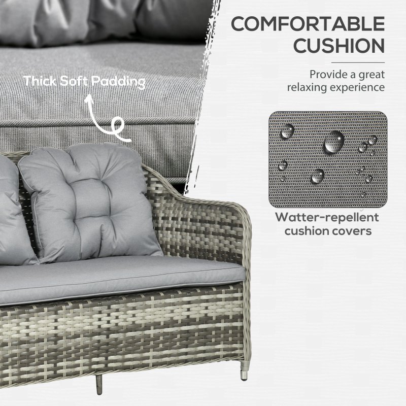 Outsunny 4 Pieces Rattan Garden Furniture Set, Round Wicker Garden Sofa Set with Loveseat, Armchairs and Glass Top Table, Outdoor Conservatory Furniture with Cushions for Patio, Balcony, Grey