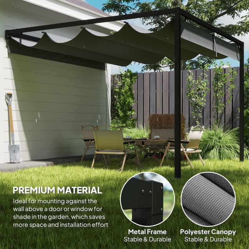Outsunny 3 x 3(m) Outdoor Lean To Pergola Retractable Canopy Wall Mounted Gazebo Patio Shelter Sun Shade, Grey