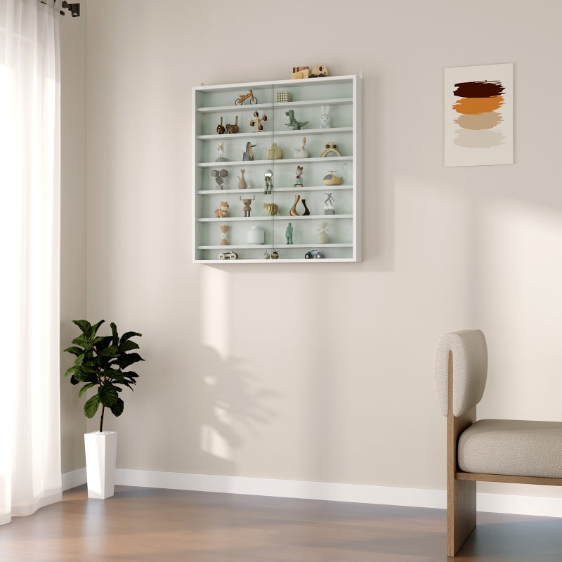 HOMCOM 7-Tier Wall Mounted Display Cabinet, Display Case with 6 Adjustable Shelves, Glass Doors for Home Office Ornaments 83x80cm, White