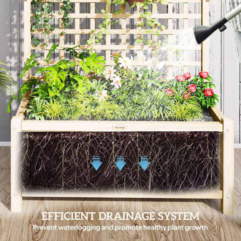 Outsunny Wood Planter with Trellis for Climbing Plants, Raised Bed, Planter Box with Drainage Holes to Grow Vegetables, Herbs and Flowers for Garden, Patio, Yard, Natural Wood Finish