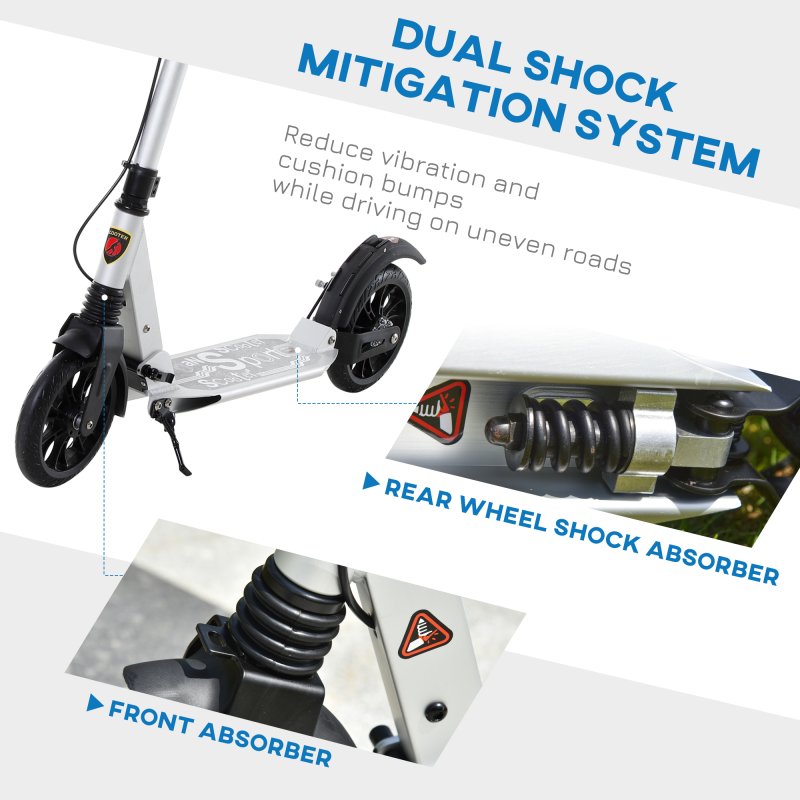 HOMCOM Adult Teens Kick Scooter Foldable Height Adjustable Aluminium Ride On Toy for 14+ w/ Rear Wheel & Hand Brake, 200mm Big Wheels, Shock Mitigation System - Silver
