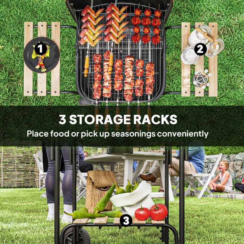 Outsunny Charcoal Barbecue Grill Portable BBQ Grill with 1840 cm? Cooking Area, 3 Shelves, Adjustable Vent, Lockable Lid, Wheels for Outdoor Cooking, Garden Party, Red