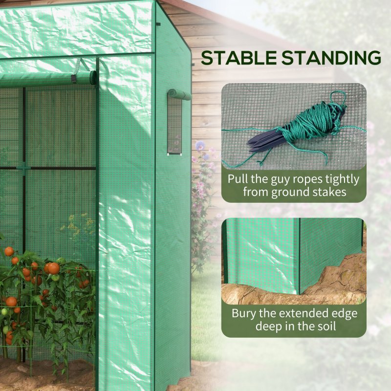 Outsunny Tomato Greenhouse with Reinforced PE Cover, Walk-in Garden Growhouse with Large Roll-up Door and 2 Mesh Windows, Portable Indoor Outdoor Green House, 196L x 77W x 178Hcm, Green