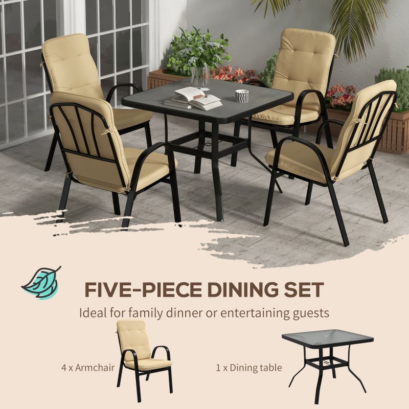 Outsunny 5 Pieces Garden Dining Set, Outdoor Square Dining Table and 4 Cushioned Armchairs, Tempered Glass Top Table w/ Umbrella Hole, Texteline Seats, Beige