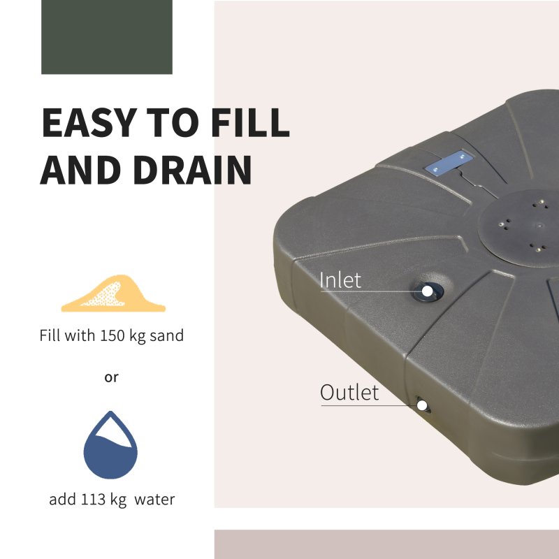 Outsunny Square Cantilever Patio Parasol Base, 113 kg Water or 150 kg Sand Filled Stand with Wheels Heavy-Duty, Coffee