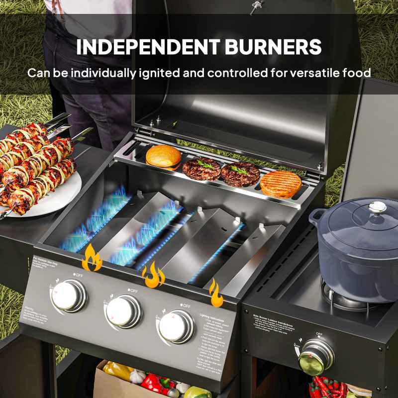 Outsunny 3+1 Burner Gas BBQ Grill with Storage Cabinet and Shelves, 9.5 kW Gas Barbecue Trolley with 6 Castor Wheels, Warming Rack, Thermometer for Outdoor Cooking Garden Party, Black