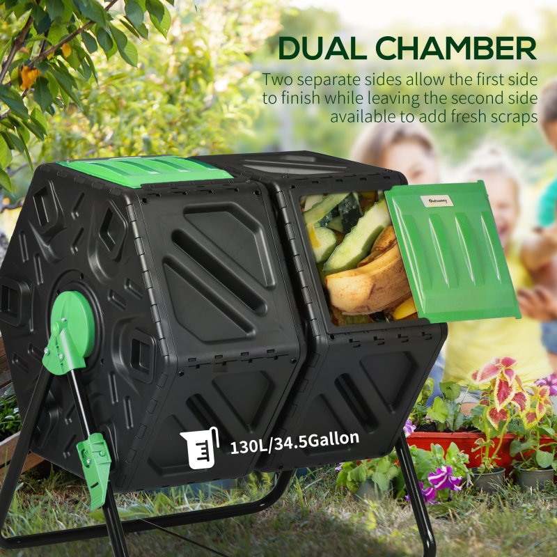 Outsunny Dual Chamber Garden Compost Bin, 130L Rotating Composter, Compost Maker with Ventilation Openings and Steel Legs, Green and Black