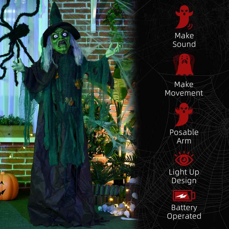 HOMCOM 6ft Outdoor Halloween Decoration Witch, Standing Witch Prop Life Size with Sound and Motion Activated, Light Up Eyes Magical Heart, Talking Sound, Posable Arms, Moving Head