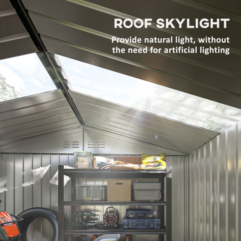 Outsunny 9 x 6ft Metal Garden Shed, Outdoor Storage Tool House with Ventilation Slots, Foundation Kit and Lockable Double Doors, Silver Grey