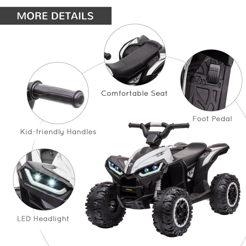 HOMCOM 12V Electric Quad Bike for Kids Ride On Car All Terrain Vehicle Toy, with Forward Reverse Functions, LED Headlights, Music, for Ages 3-5 Years - White