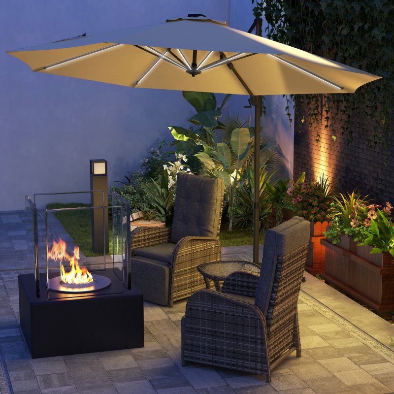 Outsunny 3(m) Cantilever Roma Parasol Adjustable Garden Sun Umbrella with LED Solar Light, Aluminium Frame, Tilt & Crank, UV50+, Cross Base Rotating Outdoor- Khaki