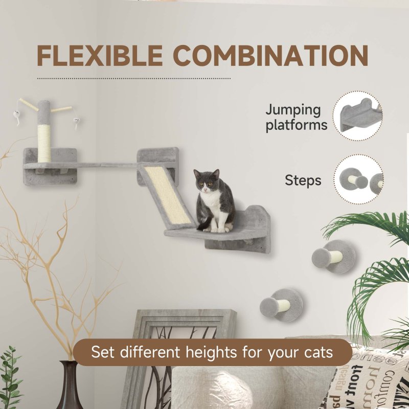 PawHut Cat Wall Furniture, 3 Piece Cat Shelves with Scratching Posts, Scratching Pads, Perches, Cat Wands, Toy Balls, Corner Design Cat Wall Shelves for Indoor Cats, Kittens, Light Grey