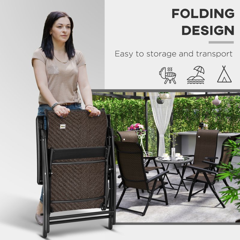 Outsunny Set of 4 Outdoor Wicker Folding Chairs, Patio PE Rattan Dining Armrests Chair set with 7 Levels Adjustable Backrest, for Outdoors, Camping, Dark Brown