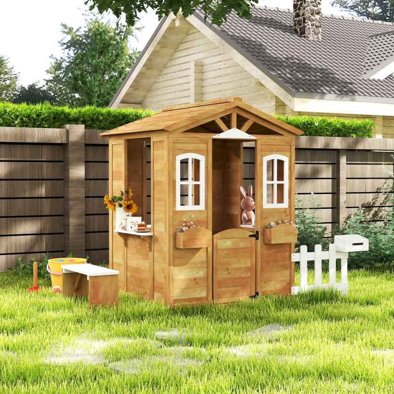 Outsunny Wooden Playhouse for Kids Outdoor Wendy House with Door, Windows, Mailbox, Flower Pot Holder, Serving Station, Bench for Children, Toddlers, Yellow