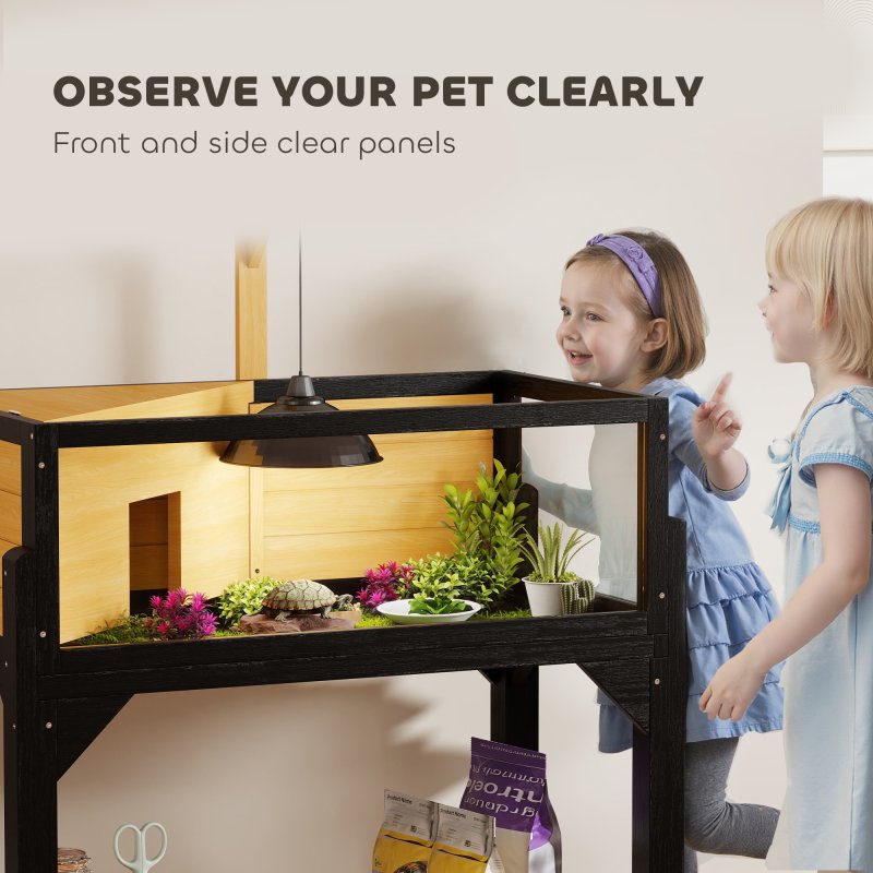 PawHut Wooden Tortoise House with Storage Shelf, Tortoise Enclosure Habitat with Clear Windows, Lamp Holder, Openable Top, Built-in Tray, for Indoor Use, Yellow