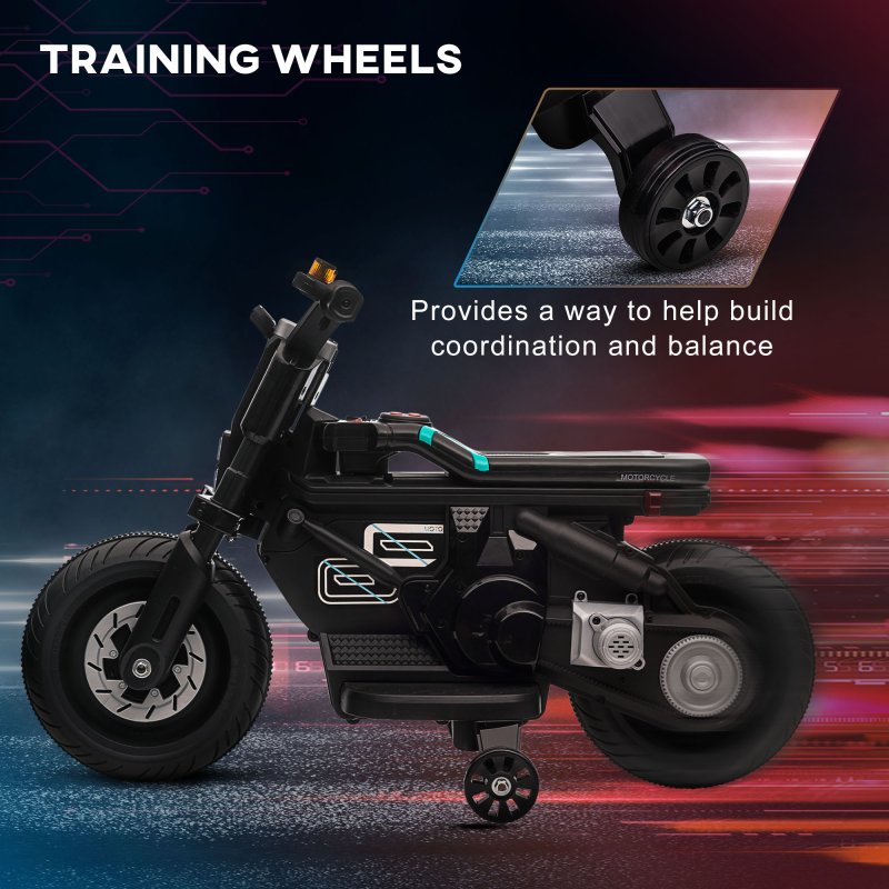 HOMCOM 6V Kids Electric Ride On Motorcycle Vehicle w/ Siren, Horn, Headlights, Music, Training Wheels, for Outdoor Play, Ages 3-5 Years - Black