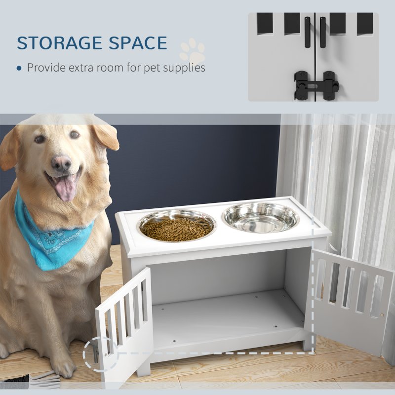 PawHut Raised Dog Bowls for Large Dogs, Pet Feeding Station, Doors with Latch, Storage Cabinet, Two Stainless Steel Bowls - White