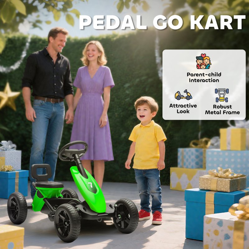 AIYAPLAY Pedal Go Kart for Kids, Children Ride-On Race Car with Silent EVA Tyres, for 2-5 Years, Green