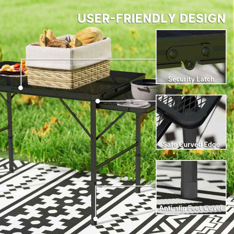 Outsunny Folding Grill Table, 4.5ft Portable Camping Table with 2 Wing Panels, Height Adjustable Metal Picnic Table for Camping, Picnic and BBQ, Black