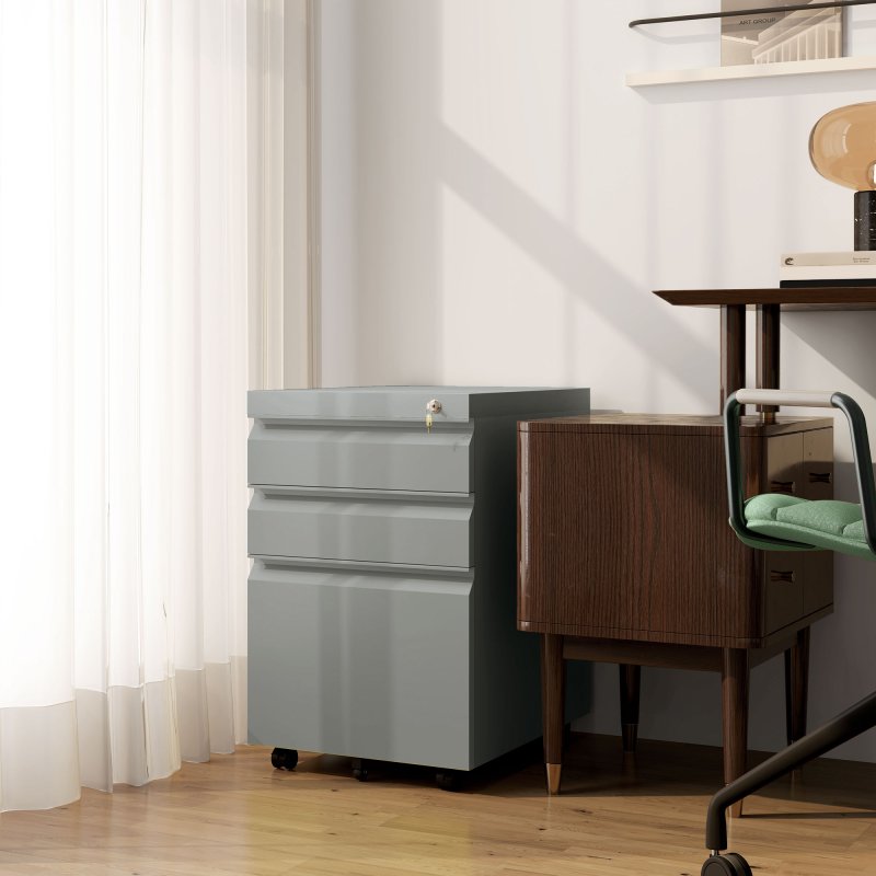 Vinsetto 3-Drawer Filing Cabinet with Lock, Mobile Steel File Cabinet for A4, Legal and Letter Size, Under Desk Drawers with Pre-Assembled Body for Home Office, 39 x 48 x 60 cm, Grey