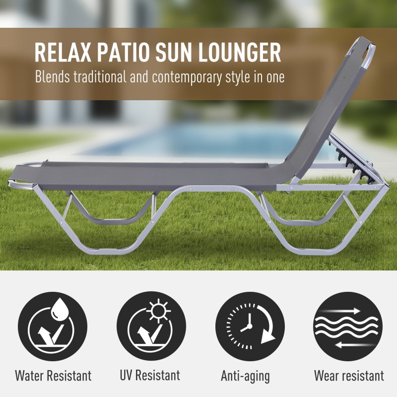 Outsunny Sun Lounger Relaxed Recliner with 5-Position Adjustable Backrest Aluminium Frame for Pool or Sun Bathing Light Grey