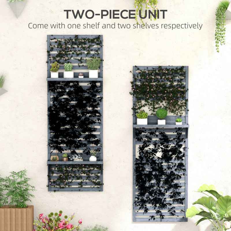 Outsunny Set of 2 Wall Mounted Plant Stand with Trellis, 170cm Wooden Plant Rack with Hanging Planter Shelves and Slatted Trellis for Climbing Plants, for Patio, Balcony, Porch, Grey