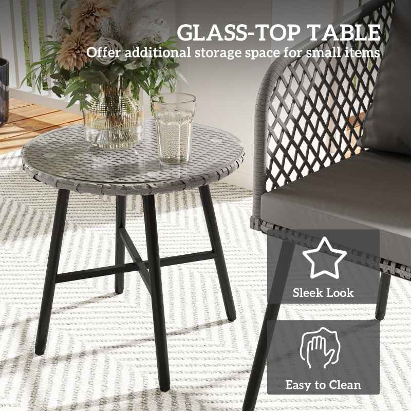 Outsunny 3 Piece Rattan Bistro Set, Patio Wicker Conversation Furniture Set with 2 Chairs, Tempered Glass Table, Cushions, Adjustable Foot Pads, for Garden, Balcony, Grey