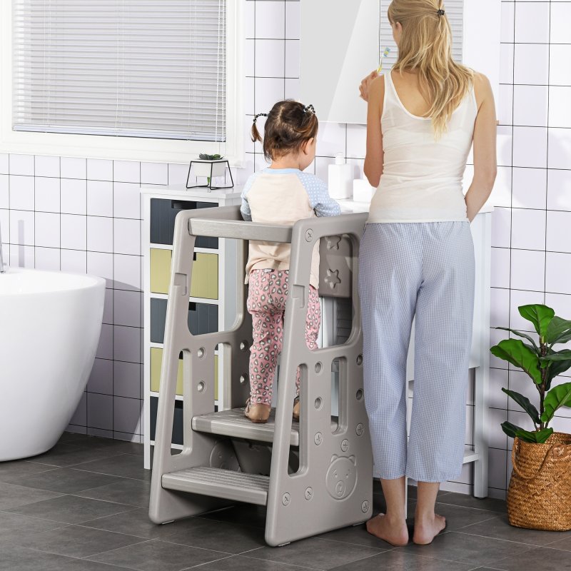 HOMCOM Kids Step Stool, Adjustable Standing Platform, Toddler Kitchen Stool , Standing Tower for Kids, Kitchen Counter with Three Adjustable Heights - Grey