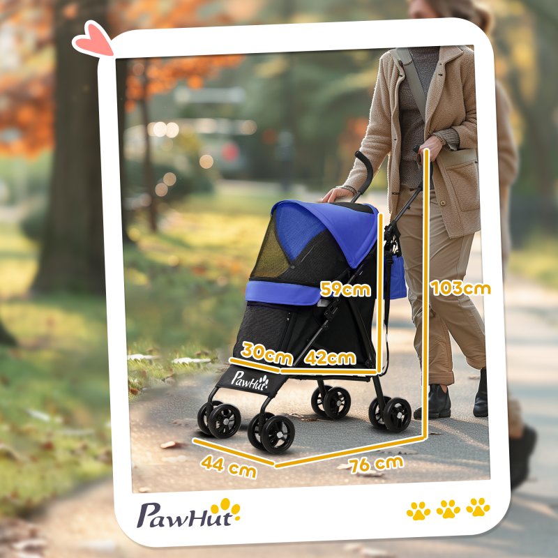 PawHut Pet stroller for Miniature Dogs, Foldable Dog Stroller with Shoulder Strap, 4 Wheels Pet Pram with Storage Bag, Cup Holder, Dark Blue