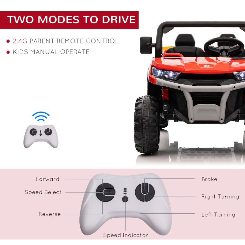 HOMCOM 2 Seater Kids Ride On Car with Electric Bucket, 12V Battery Powered Electric UTV with Shovel, Parental Remote, 4 Spring Suspension Wheels, Working Horn, Music - Red