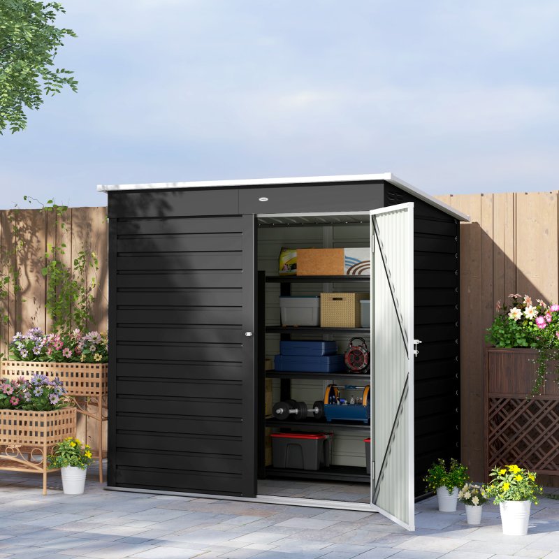 Outsunny 6 x 4ft Metal Garden Shed, Easy to Assemble, Galvanised Steel Shed with Lockable Door and Gloves, Outdoor Tool Storage Shed for Garden, Patio, Dark Grey