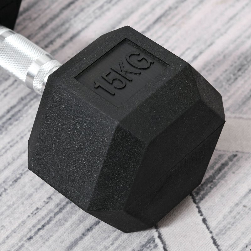 HOMCOM 15KG Single Rubber Hex Dumbbell Portable Hand Weights Dumbbell for Home Gym Workout Fitness
