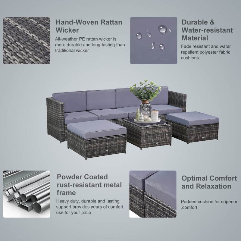 Outsunny 7Pc Rattan Garden Furniture Wicker Sofa & Coffee Table Set Patio Furniture Outdoor with Cushions Grey