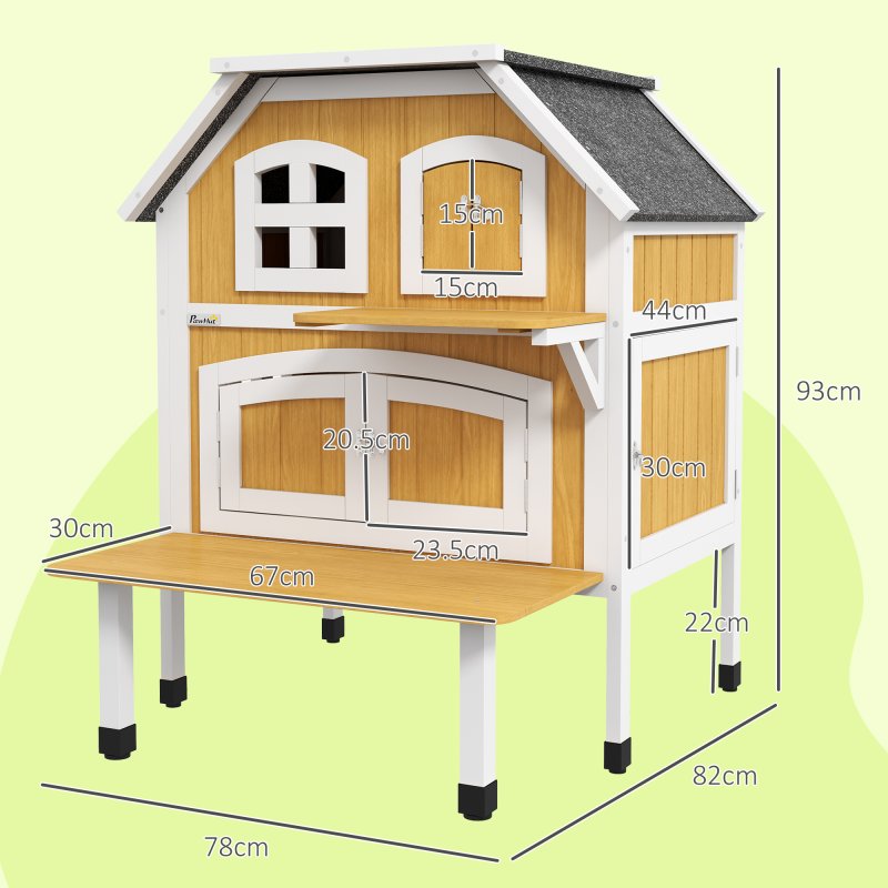 PawHut Wooden Outdoor Cat House, 2 Tiers Cat Shelter with Openable Asphalt Roof, Removable Panel, Escape Doors, Jumping Platform, Terrace, for 1-2 Cats - Yellow