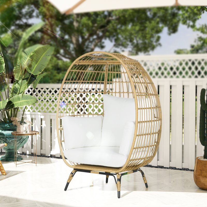 Outsunny Oversized Garden Egg Chair, Outdoor Wicker PE Rattan Chair with Thickened Padded Cushions and Pillows for Balcony, Porch, Khaki