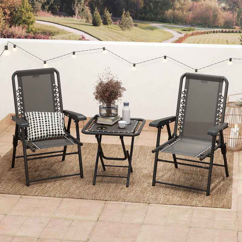 Outsunny 3 Pieces Garden Bistro Set, Folding Table and Chairs Set, Metal Garden Furniture Set with Cup Holders for Outdoor, Patio, Balcony, Black
