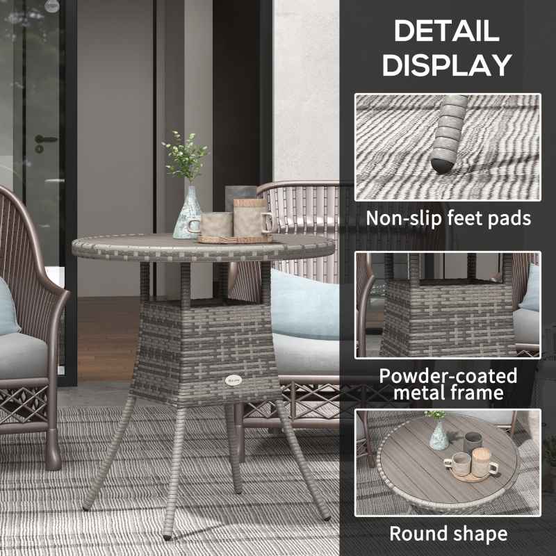 Outsunny 70 cm Outdoor Dining Table, PE Rattan Patio Table with Wood-plastic Composite Top for Balcony, Garden, Grey